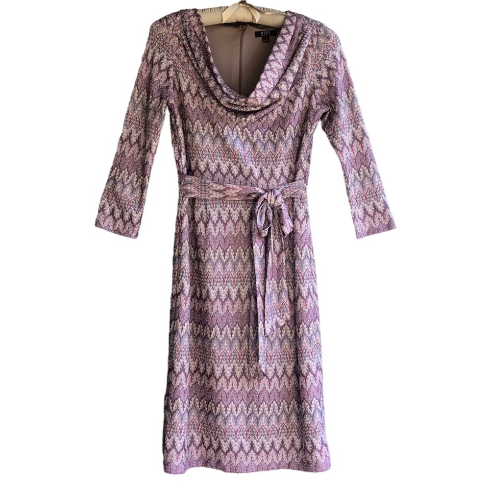 Alex Marie Sheath Dress Size 4 Draped Cowl Neck Kadence Mulberry Shine Chevron